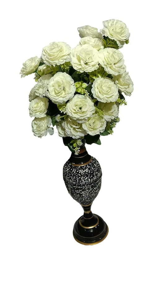 Elegant White Rose & Peony Artificial Flower Arrangement - Antique Black and Gold Decorative Vase Included