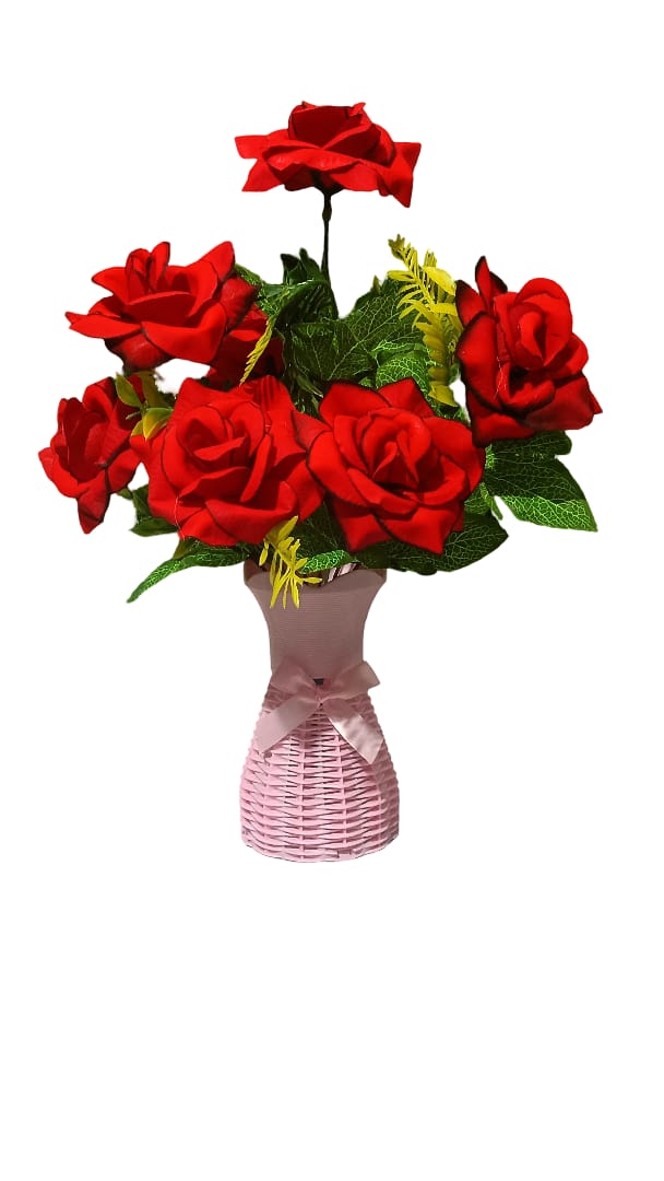 Beautiful Red Roses Artificial Flower Arrangement - With Pink Woven Basket Vase, For Home Decor