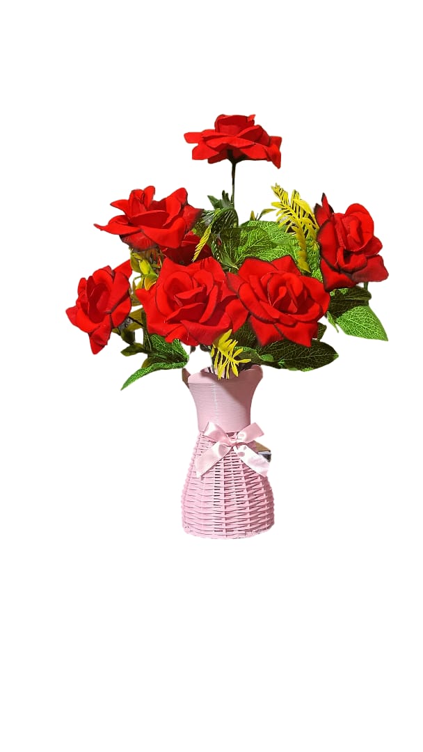 Beautiful Red Roses Artificial Flower Arrangement - With Pink Woven Basket Vase, For Home Decor