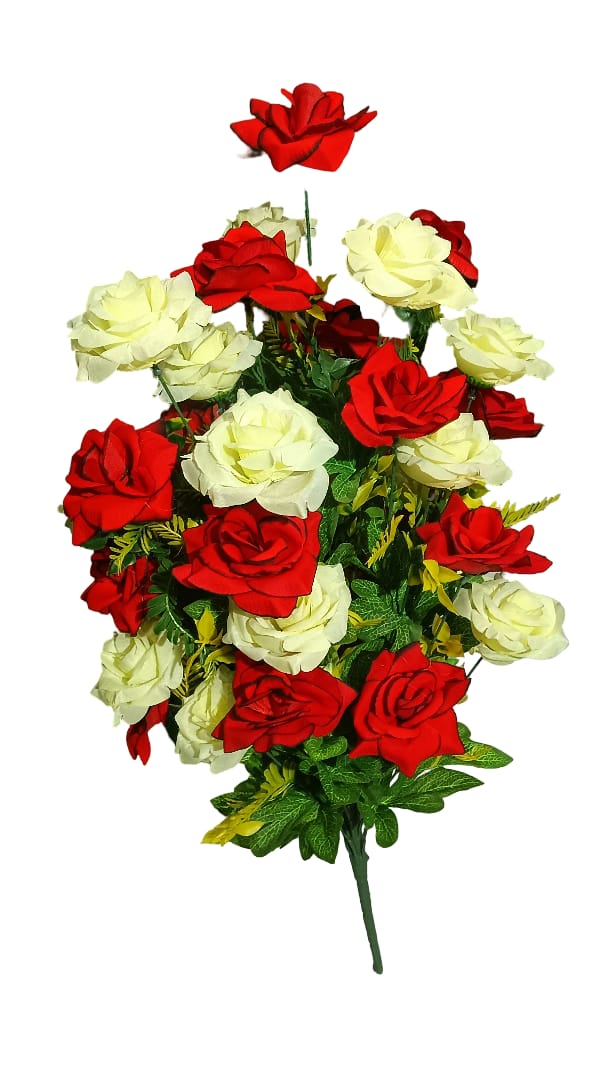 Elegant Red & White Roses Artificial Flower Arrangement - With Modern Red Decorative Vase, Premium Home Decor