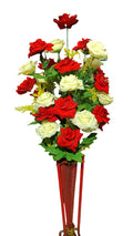 Elegant Red & White Roses Artificial Flower Arrangement - With Modern Red Decorative Vase, Premium Home Decor