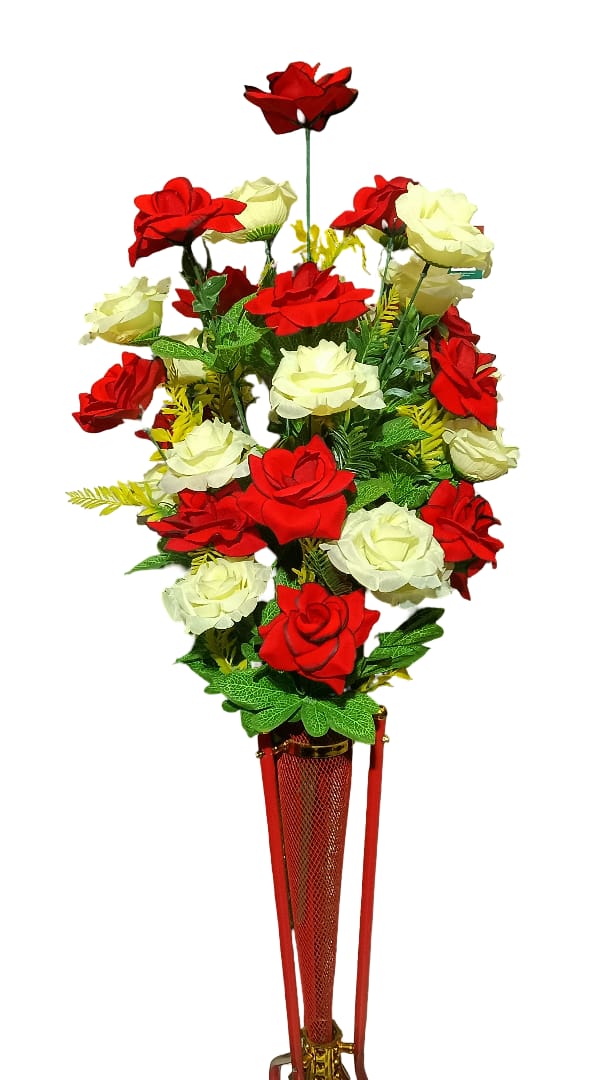 Elegant Red & White Roses Artificial Flower Arrangement - With Modern Red Decorative Vase, Premium Home Decor